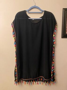 Gokey Black neon Tassel semi sheer black swimsuit coverup